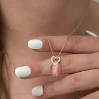 925 Ayar Gümüş Pembe Kedi Gözü Taşlı Kalp Kolye T4757