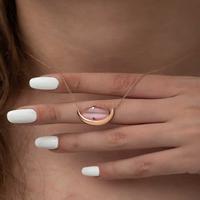 925 Ayar Gümüş Pembe Kedi Gözü Taşlı Hilal Kolye T4760