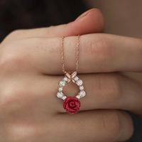 925 Ayar ​​Gümüş Rose Kırmızı Gül Kolye T5205