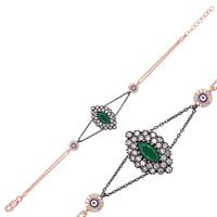 925 Ayar Gümüş Rose Mat Yeşil Taşlı Otantik Bileklik BR0460468