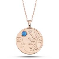 925 Ayar Gümüş Rose Opal Mavi Taşlı Ay Güneş Kadın Kolye T7617