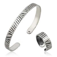 925 Ayar Gümüş Zebra Desenli Bileklik Ve Yüzük Set T3918