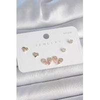 Pirinç Gold Renk Pembe Zirkon Taşlı Kalp Model 925 Ayar Gümüş Çivi Kadın Küpe Seti - BKP10492