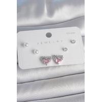 Pirinç Gümüş Renk Pembe Zirkon Taşlı Kalp Model İnci Detay 925 Ayar Gümüş Çivi Kadın Küpe Seti - BKP10489